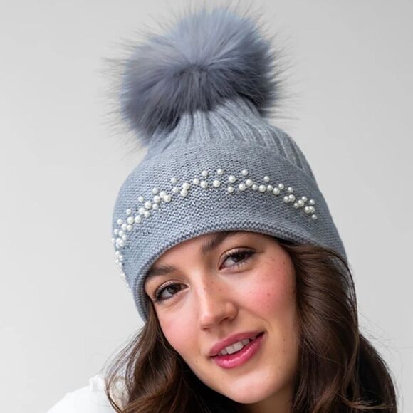 NWT New Adrienne Landau Gray Pearl Trim Faux Fur Pom-Pom Knit Beanie Hat OS - Picture 2 of 9
